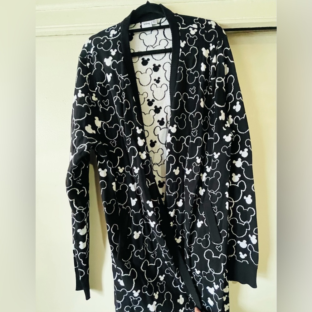 Black and White Mickey Mouse Patterned Women's cardigan sweater. XL